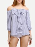 Shein Vertical Stripe Ruffle Tie Bow Off The Shoulder Blouse