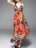 Shein Orange Spaghetti Strap Backless Print Maxi Dress