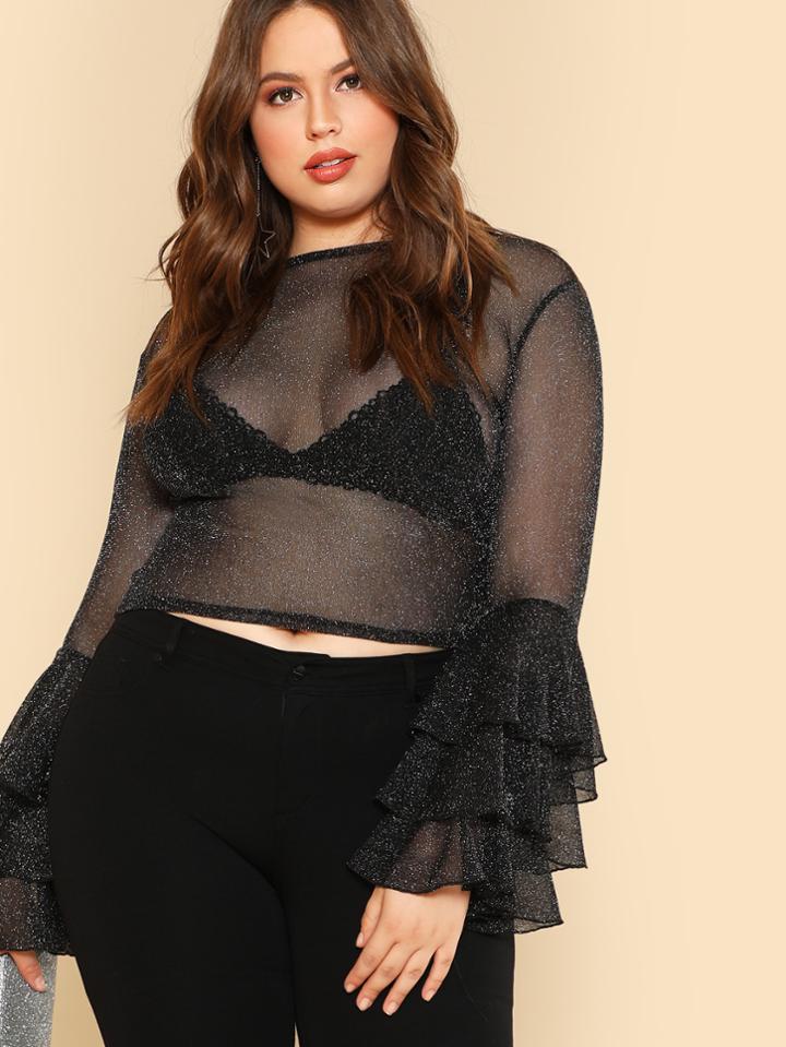 Shein Layered Sleeve Glitter Mesh Top