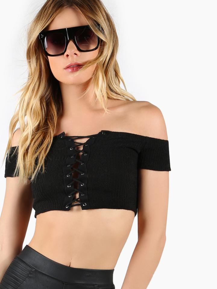 Shein Lace Up Front Crop Ribbed Bardot Top