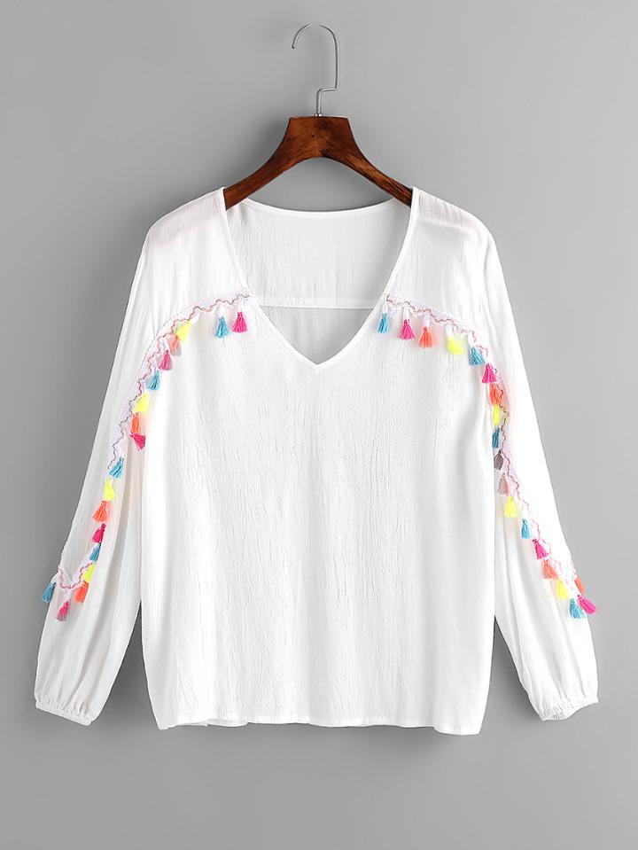 Shein V Neckline Tassel Trim Blouse