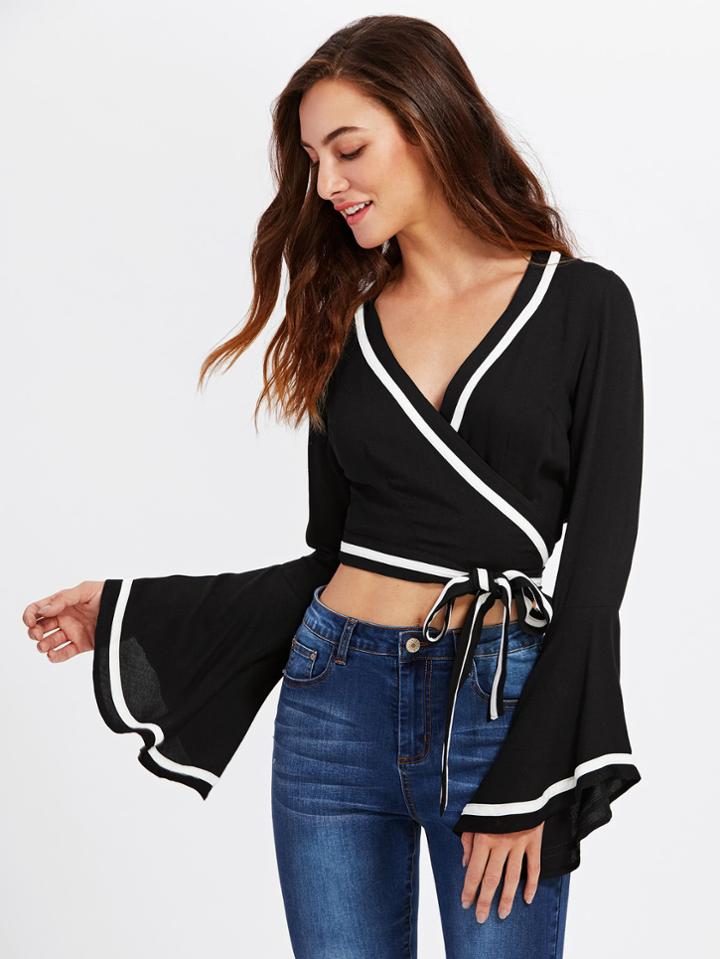 Shein Trumpet Sleeve Contrast Binding Wrap Top