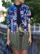 Shein Navy Collarless Floral Bomber Jacket