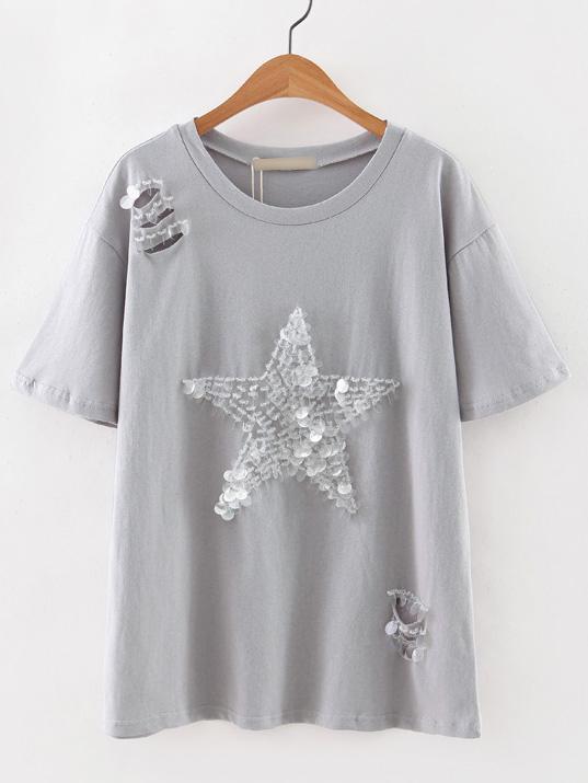 Shein Grey Star Sequined Ripped T-shirt