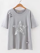 Shein Grey Star Sequined Ripped T-shirt