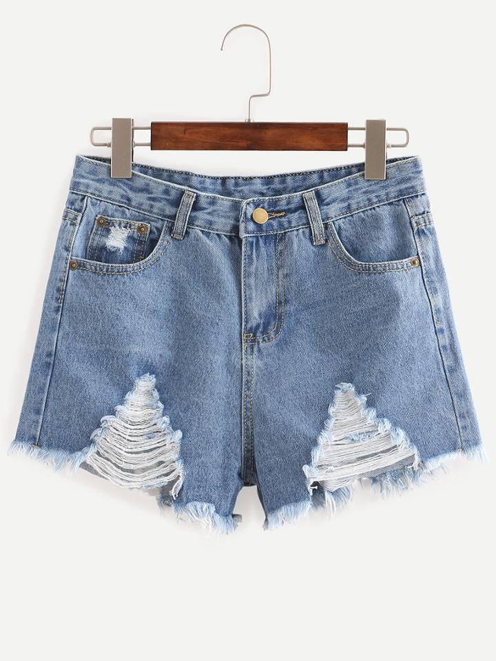 Shein Raw Hem Denim Shorts - Blue