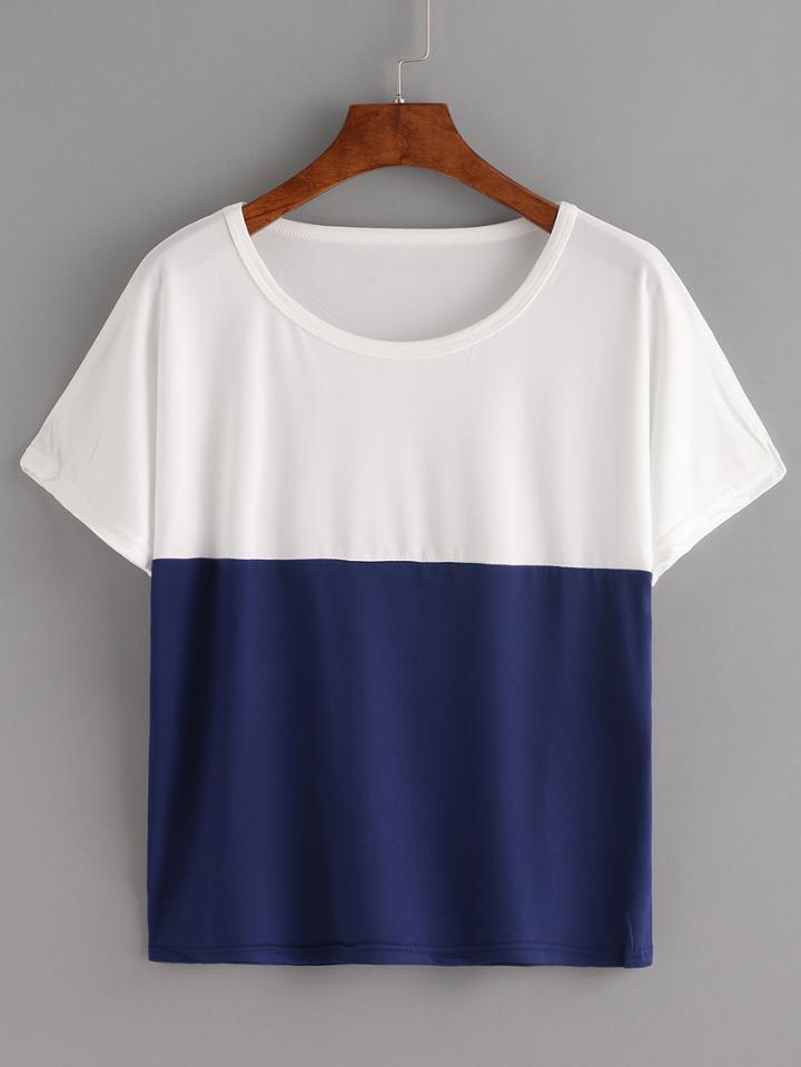 Shein White And Blue Color Block Loose T-shirt