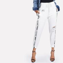 Shein Ribbon Letter Ripped Drawstring Jeans