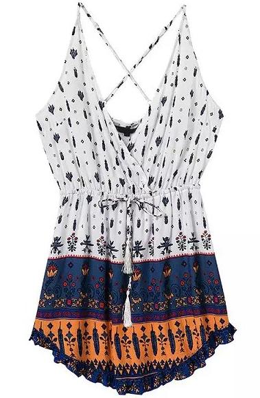 Shein White Navy Spaghetti Strap Backless Floral Dress