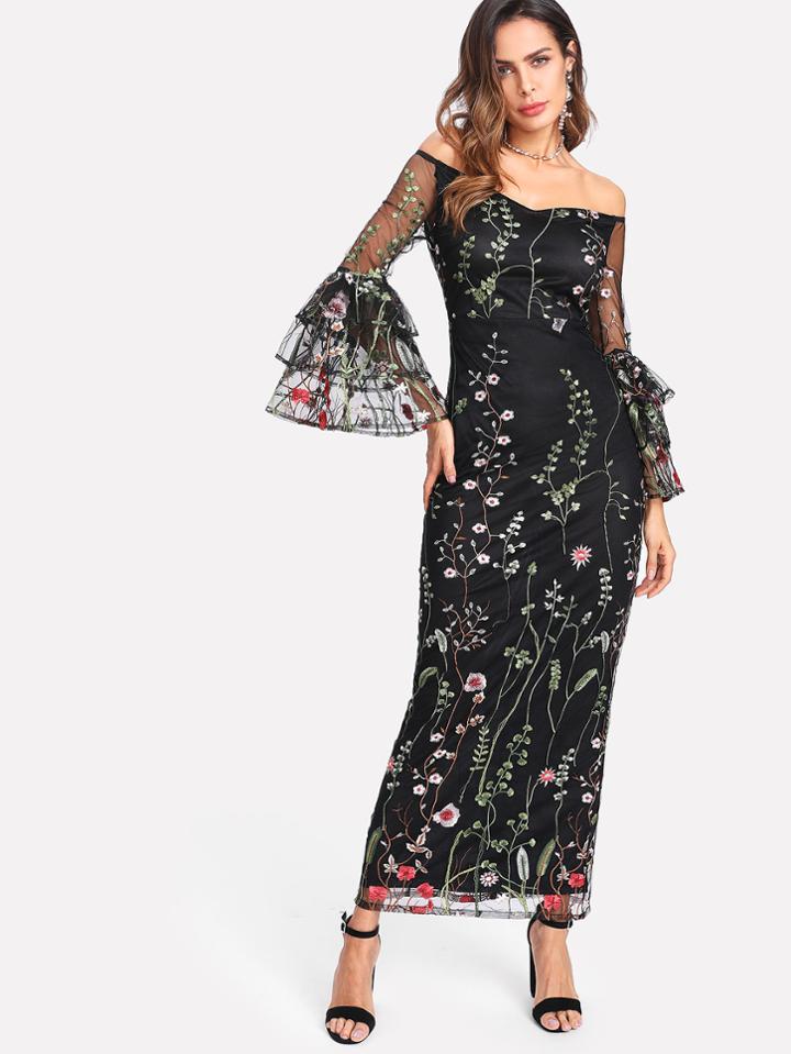 Shein Botanical Embroidered Mesh Overlay Bardot Dress