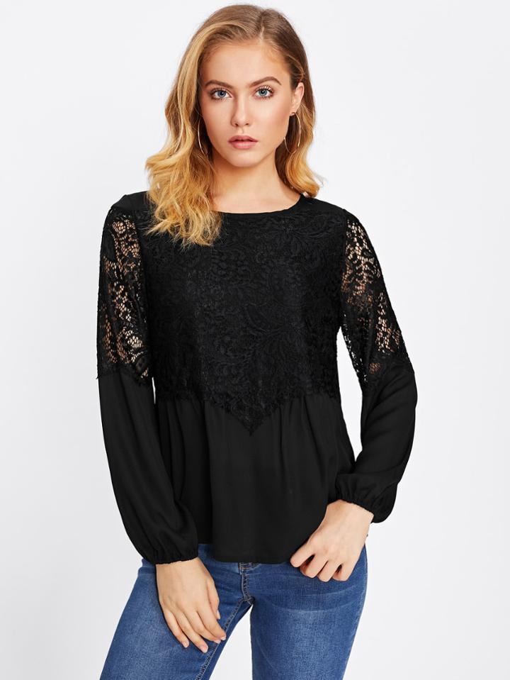 Shein Hollow Out Lace Panel Chiffon Blouse