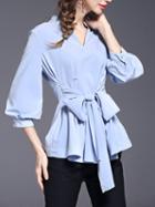 Shein V Neckline Tie Waist Lantern Sleeve Blouse