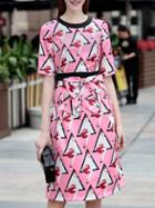 Shein Pink Round Neck Short Sleeve Bow-tie Print Dress