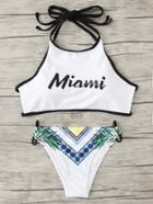 Shein Letter Print High Neck Bikini Set