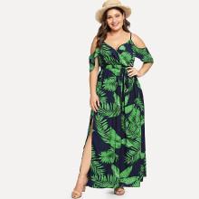 Shein Plus Cold Shoulder Slit Hem Floral Dress