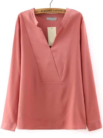 Shein Pink V Neck Long Sleeve Loose Casual Blouse
