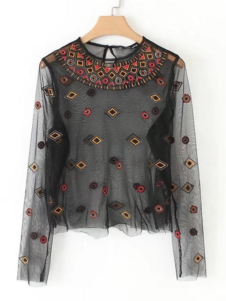 Shein Embroidered Mesh Blouse