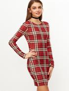 Shein Red Plaid Long Sleeve Bodycon Dress