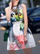 Shein Parrot And Flower Print Sleeveless A-line Jacquard Dress