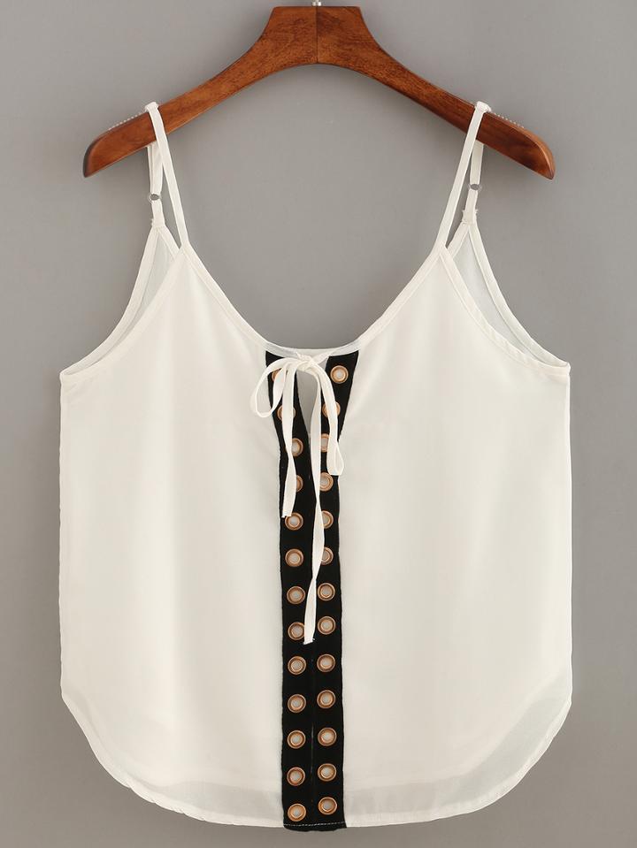 Shein Contrast Eyelet Panel Front Tie-neck Cami Top