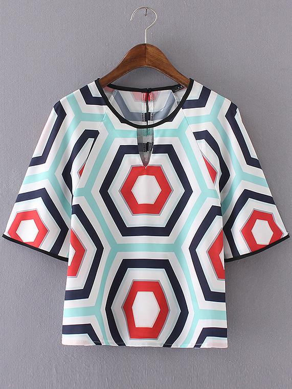 Shein Multicolor Geometric Printed Key-hole Blouse