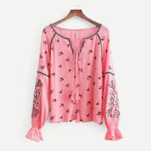 Shein Tassel Tie Embroidery Raglan Blouse