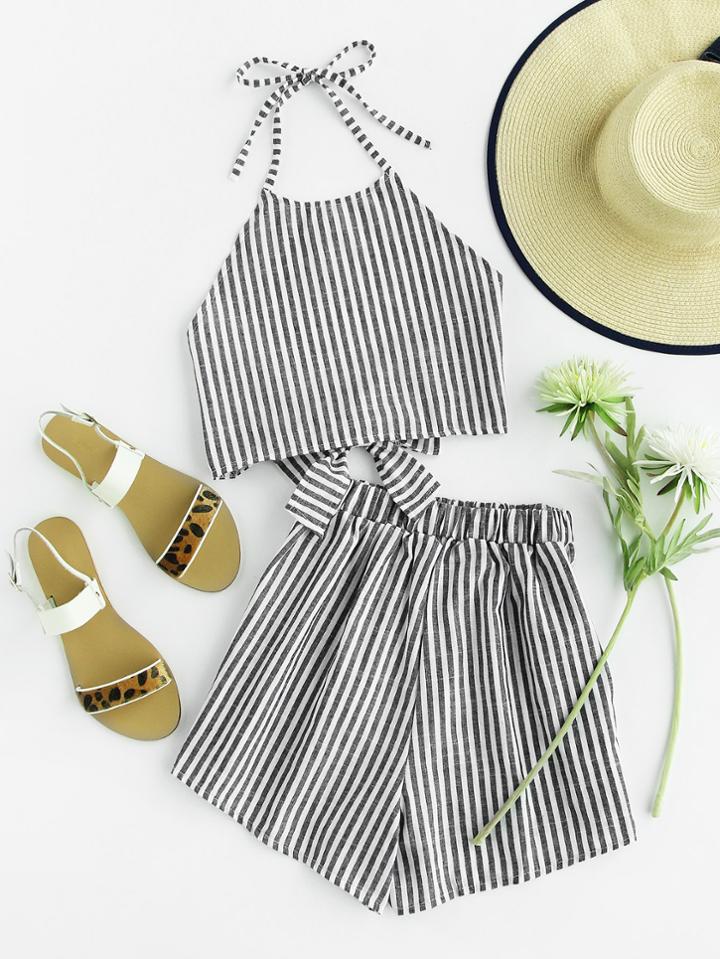Shein Halter Neck Striped Bow Open Back And Shorts Set