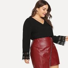 Shein Plus Lace Cuff V Neck Blouse