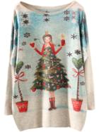 Shein Apricot Christmas Tree Girl Print Sweater