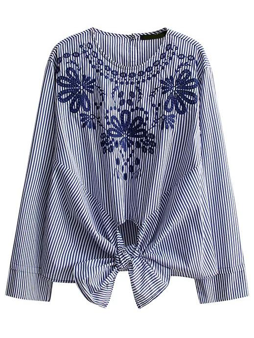 Shein Embroidered Vertical Striped Knot Detail Blouse