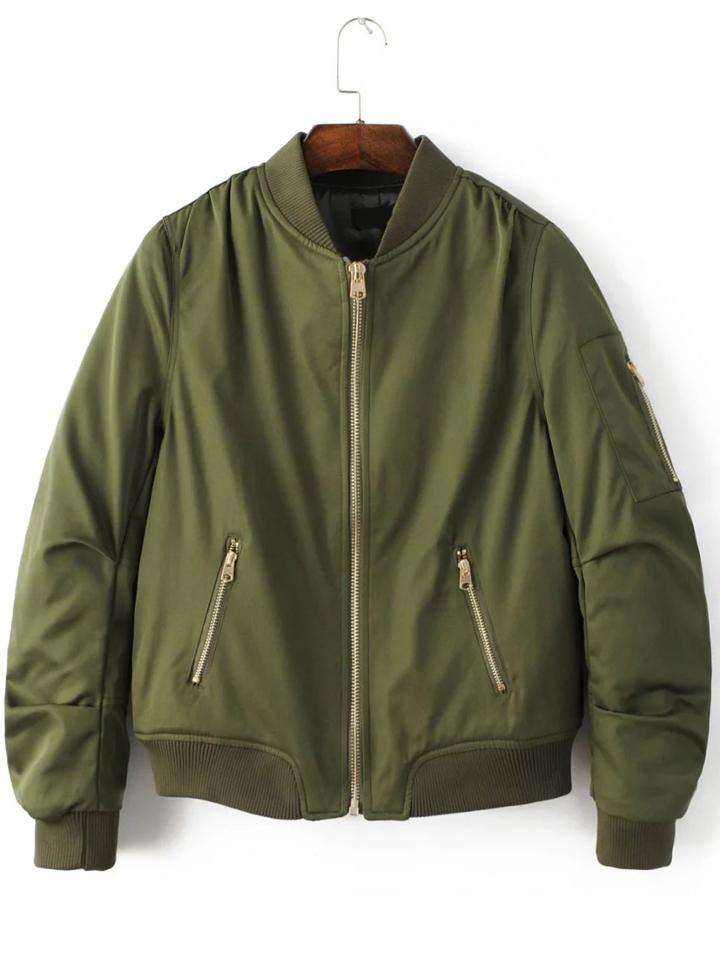 Shein Army Green Stand Collar Zipper Pocket Padded Jacket