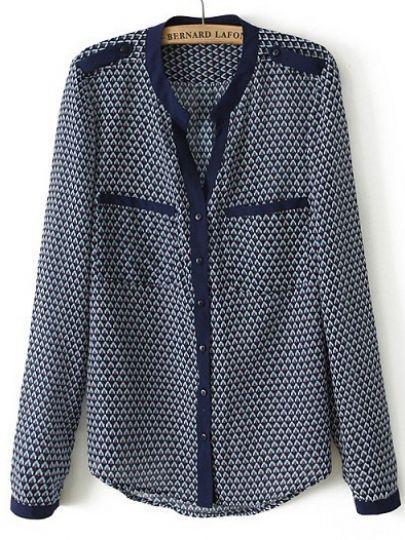 Shein Blue Long Sleeve Geometric Print Pockets Blouse