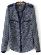 Shein Blue Long Sleeve Geometric Print Pockets Blouse