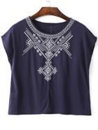 Shein Navy Round Neck Embroidered Loose T-shirt