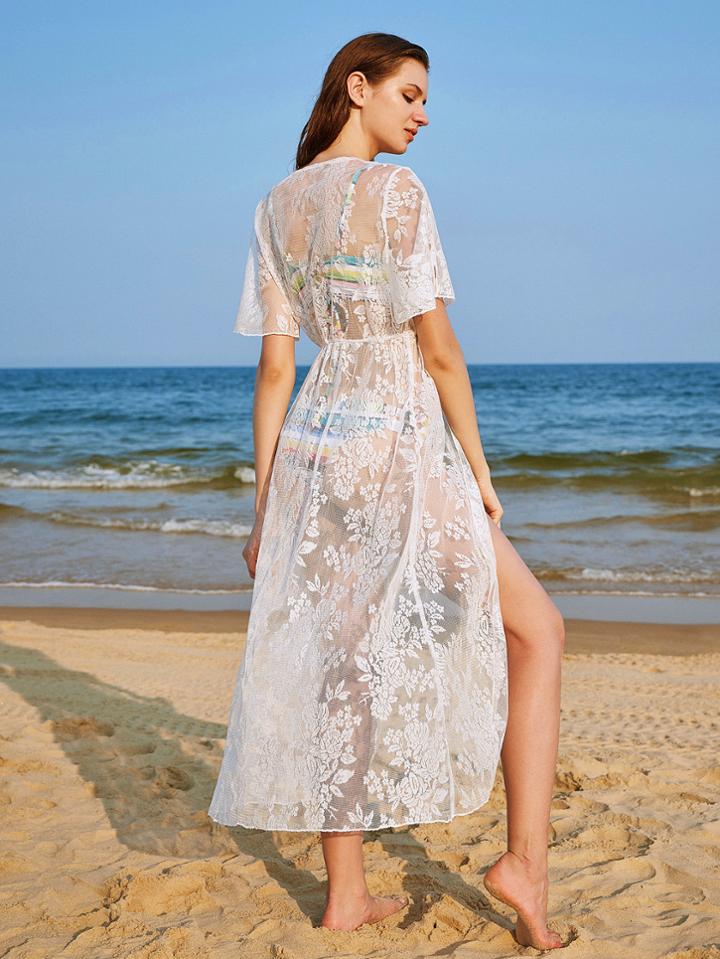 Shein Floral Lace Tassel Tie Beach Kimono