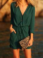 Shein Green V Neck Drawstring Pockets Rockabilly Peasant Blouson Dress