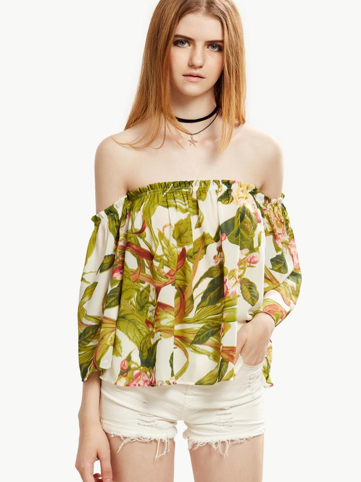 Shein Green Tropical Print Off The Shoulder Top