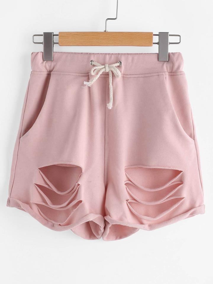Shein Drawstring Waist Distressed Roll Hem Shorts