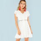 Shein Tulip Sleeve Floral Lace Panel Button Up Dress
