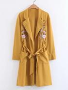 Shein Flower Embroidery Longline Coat With Self Tie