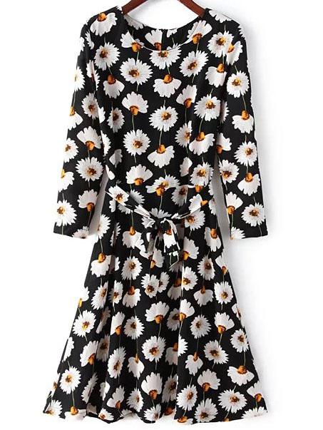 Shein Daisy Print Belt A-line Dress