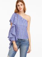 Shein Blue And White Gingham Ruffle One Shoulder Top