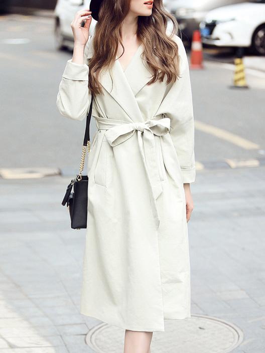 Shein Beige Lapel Tie-waist Pockets Coat