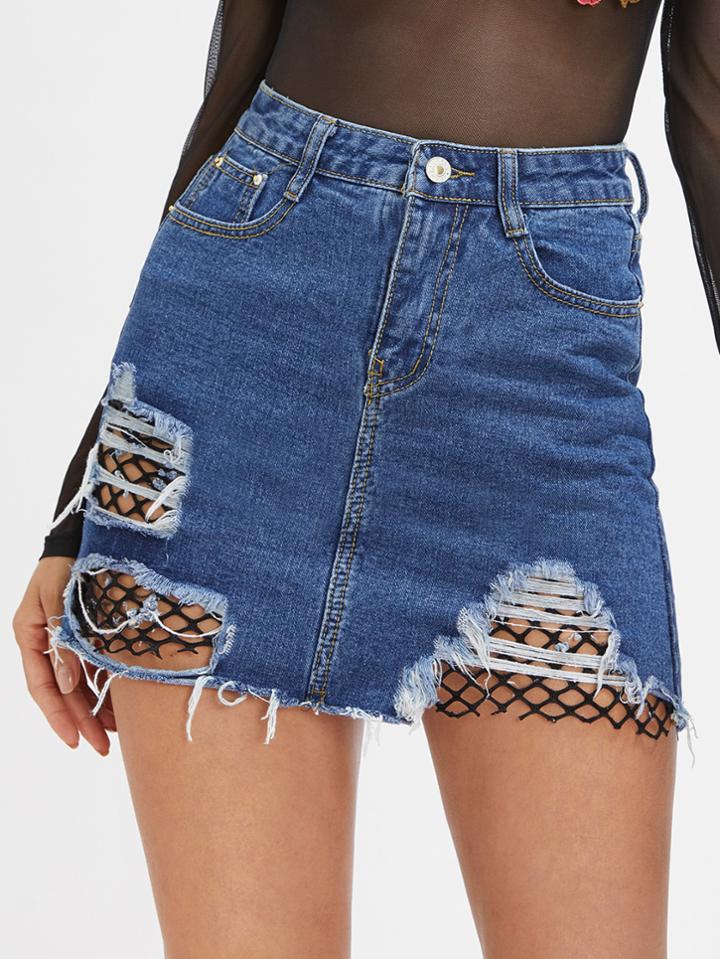 Shein Destroyed Fishnet Insert Fray Trim Denim Skirt