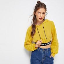 Shein Letter Print Crop Drawstring Hoodie