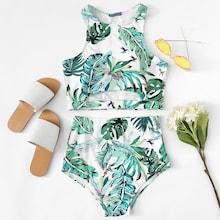 Shein Palm Leaf Print Cut Out Tankini Set