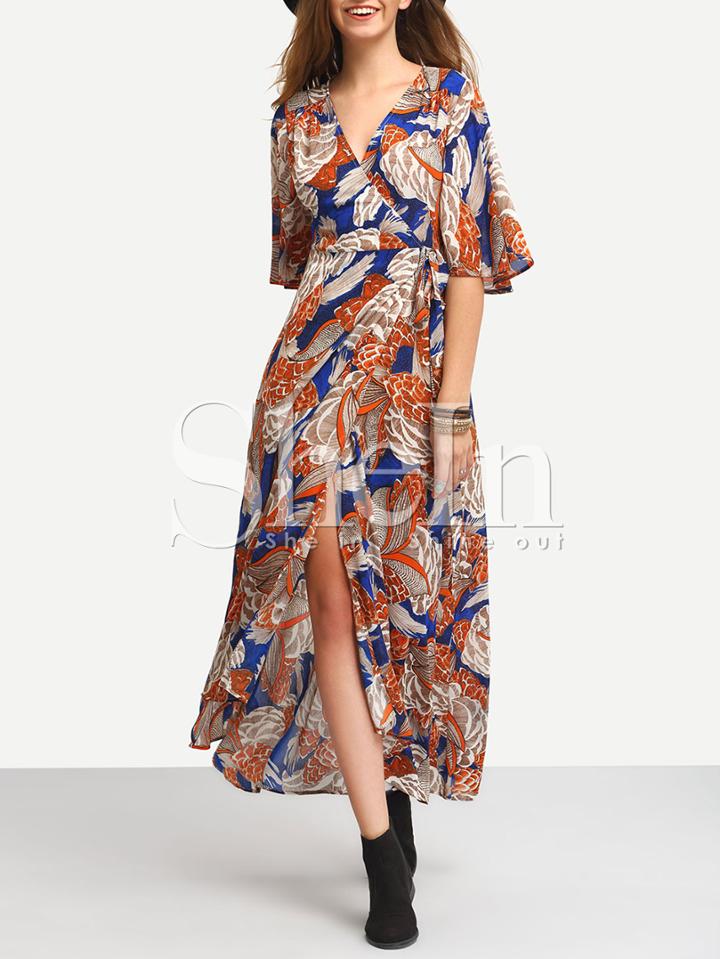 Shein Multicolor Print Tie-waist Wrap Maxi Dress