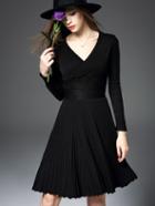 Shein Black V Neck Long Sleeve Tie-waist Knit Dress