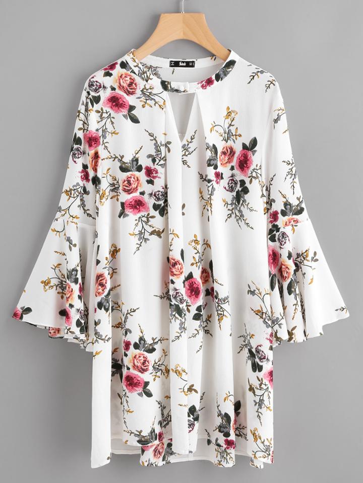 Shein V Cut Fold Pleat Bell Sleeve Dress