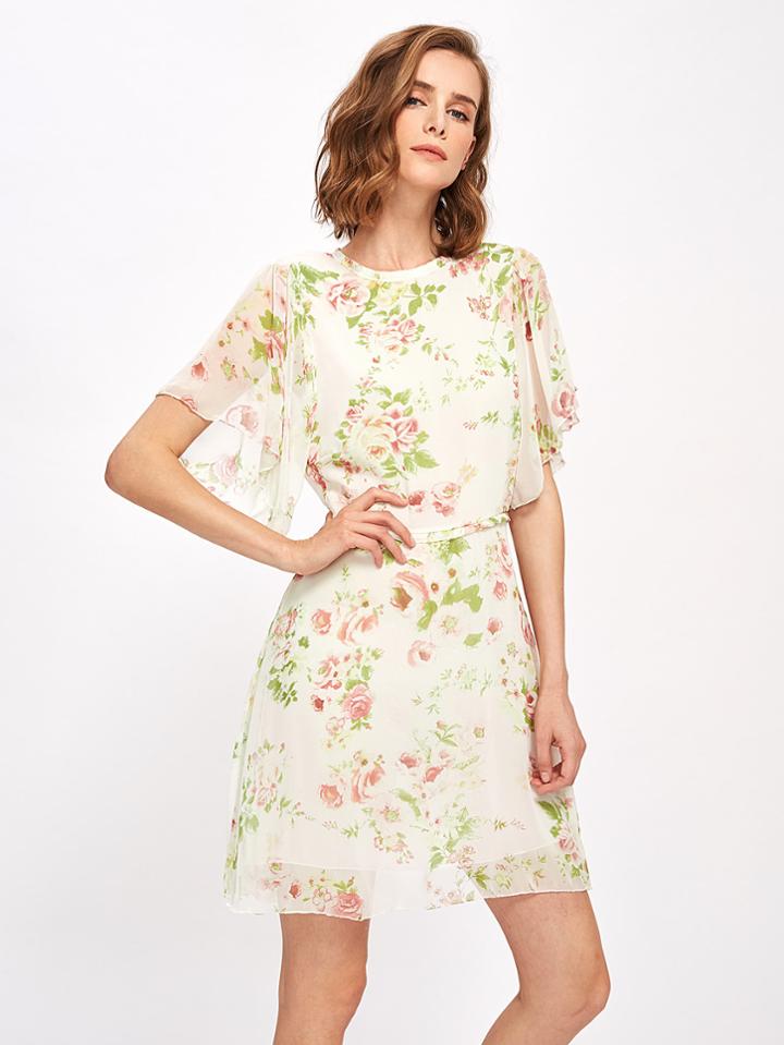 Shein Lace Up V Back Chiffon Dress With Self Tie